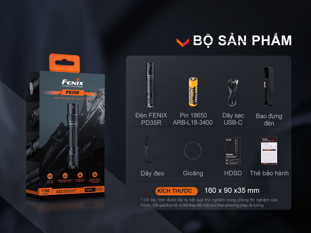 Đèn pin FENIX PD35R sáng 1700lm chiếu xa 353m sạc USB-C pin 18650 3400mAh
