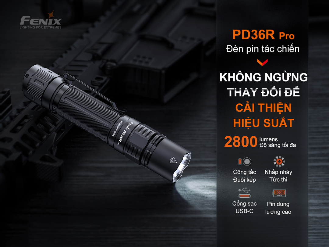 Đèn pin FENIX PD36R PRO sáng 2800lm chiếu xa 380m pin 21700 5000mAh sạc USB C công tắc kép phản ứng nhanh