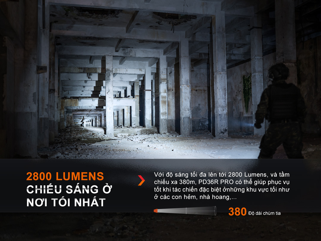 Đèn pin FENIX PD36R PRO sáng 2800lm chiếu xa 380m pin 21700 5000mAh sạc USB C công tắc kép phản ứng nhanh