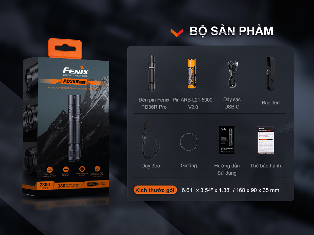 Đèn pin FENIX PD36R PRO sáng 2800lm chiếu xa 380m pin 21700 5000mAh sạc USB C công tắc kép phản ứng nhanh
