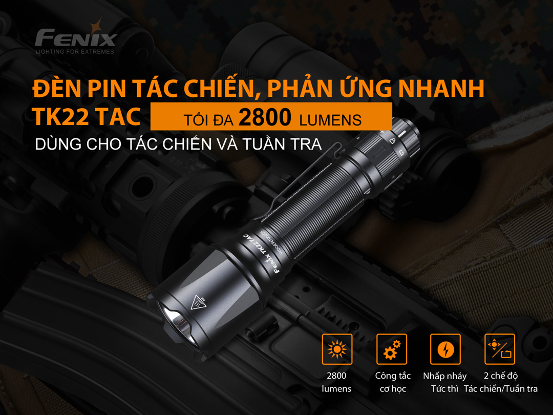 Đèn pin FENIX TK22 TAC sáng 2800lm chiếu xa 540m pin 21700 5000mAh