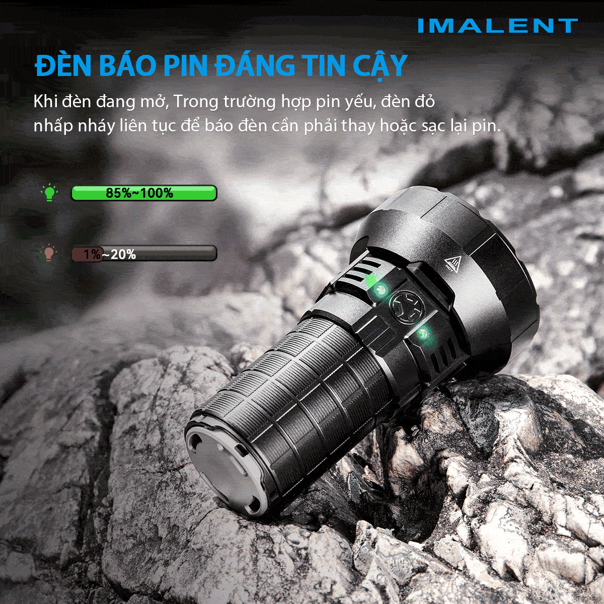 Đèn pin IMALENT MR90 độ sáng 50.000 lumen chiếu xa 1586m pack 4 pin 21700 16000mAh cổng sạc DC