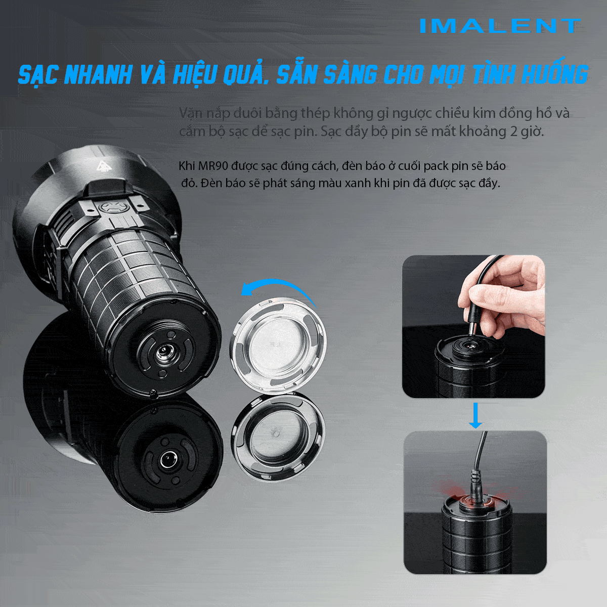 Đèn pin IMALENT MR90 độ sáng 50.000 lumen chiếu xa 1586m pack 4 pin 21700 16000mAh cổng sạc DC