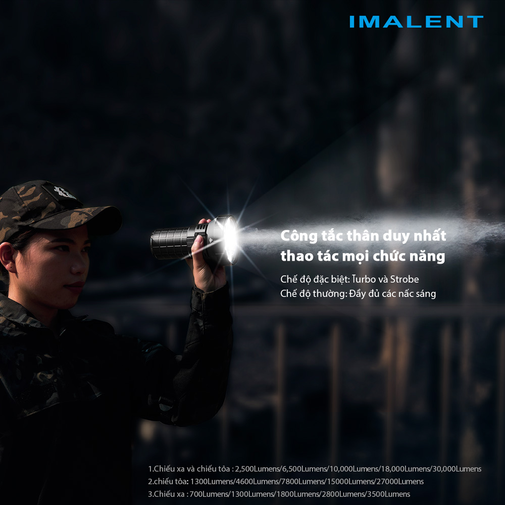 Đèn pin IMALENT MR90 độ sáng 50.000 lumen chiếu xa 1586m pack 4 pin 21700 16000mAh cổng sạc DC