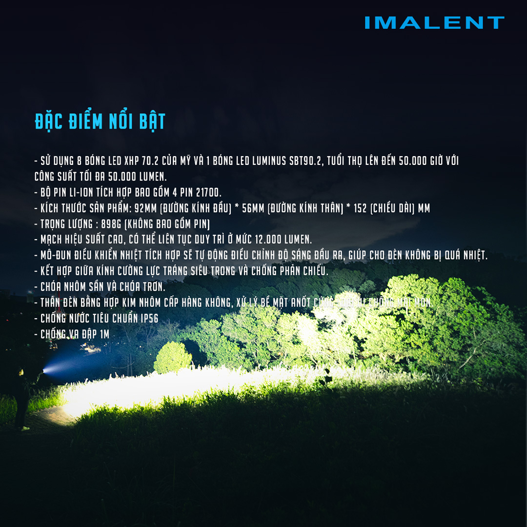 Đèn pin IMALENT MR90 độ sáng 50.000 lumen chiếu xa 1586m pack 4 pin 21700 16000mAh cổng sạc DC
