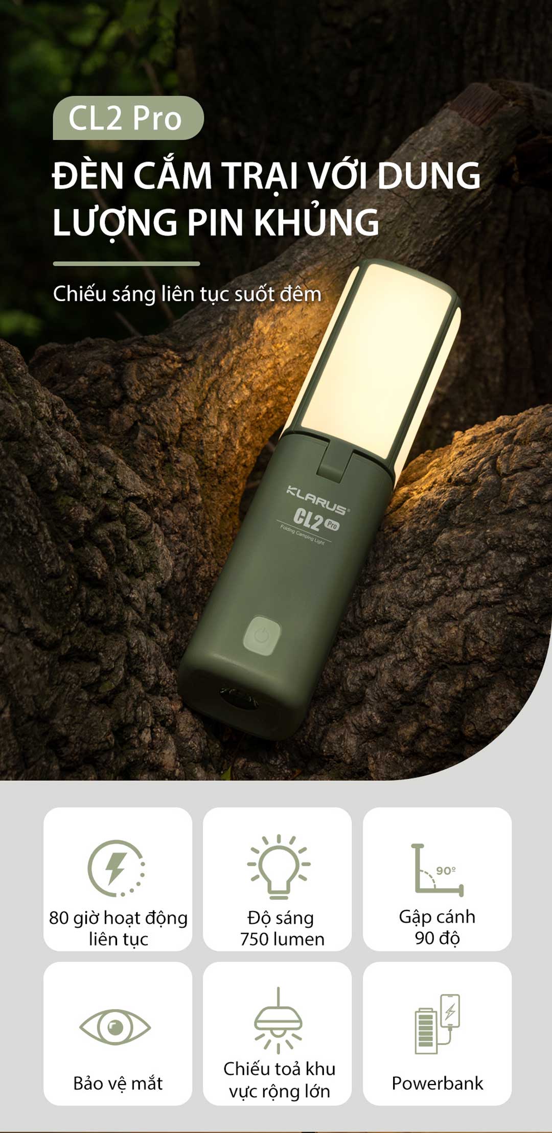 Đèn gập cắm trại Klarus CL2 Pro sáng 750 lumen chiếu tỏa 360 độ pin liền thân 14000mAh USB-C PowerBank