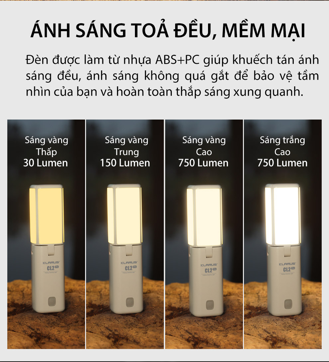 Đèn gập cắm trại Klarus CL2 Pro sáng 750 lumen chiếu tỏa 360 độ pin liền thân 14000mAh USB-C PowerBank