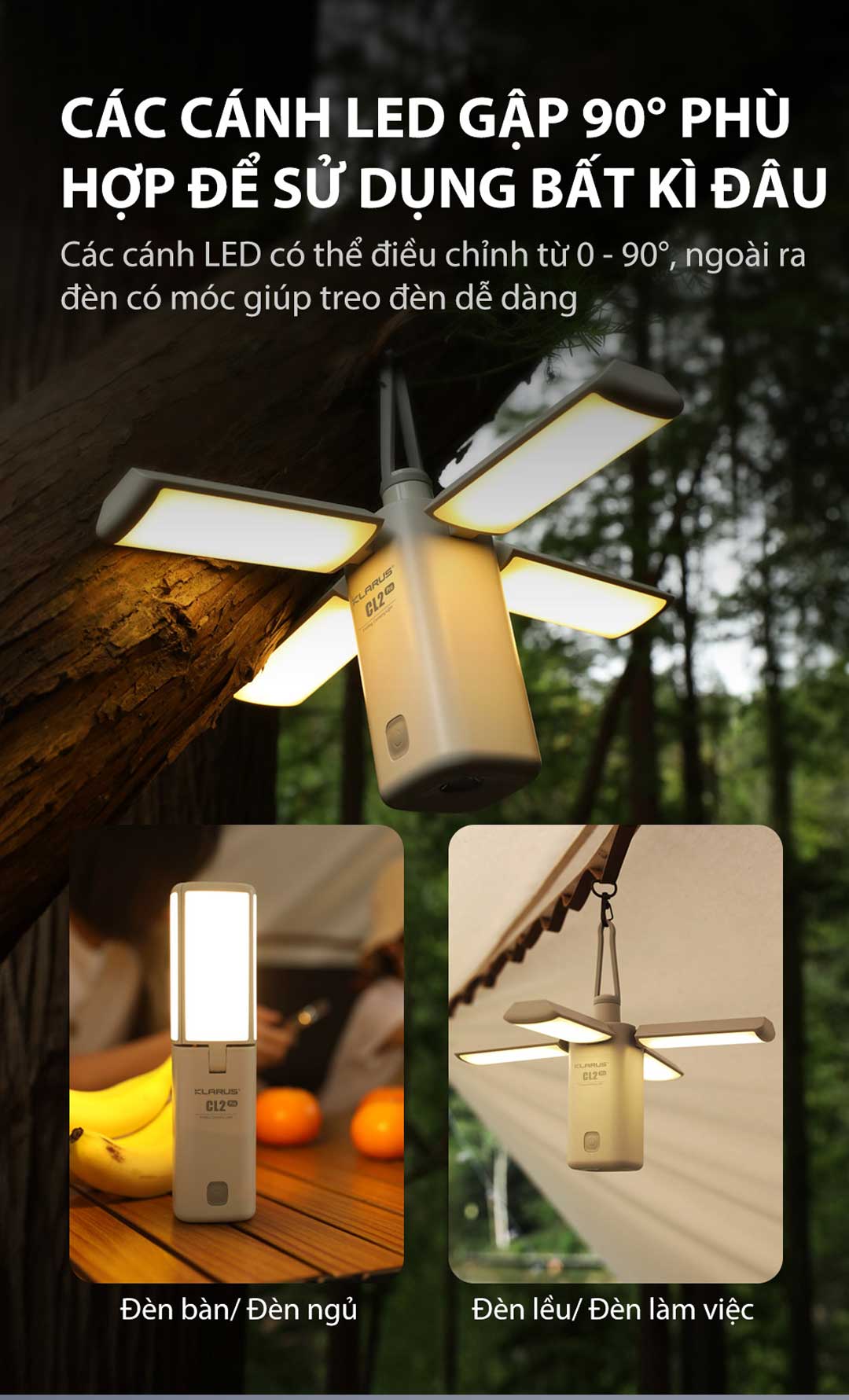 Đèn gập cắm trại Klarus CL2 Pro sáng 750 lumen chiếu tỏa 360 độ pin liền thân 14000mAh USB-C PowerBank