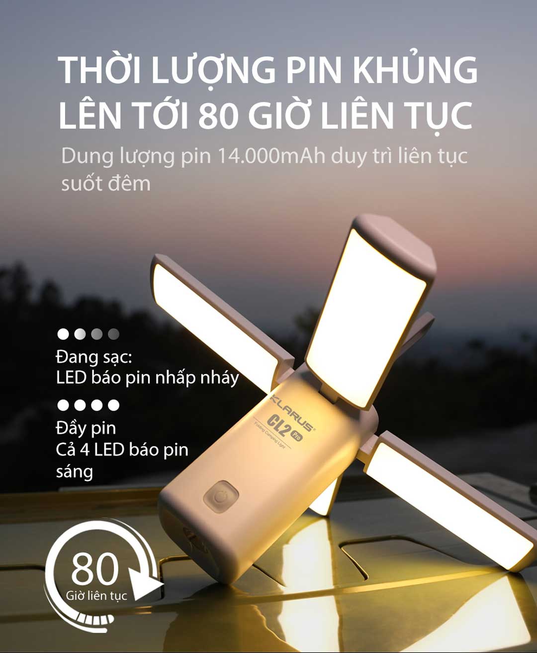 Đèn gập cắm trại Klarus CL2 Pro sáng 750 lumen chiếu tỏa 360 độ pin liền thân 14000mAh USB-C PowerBank