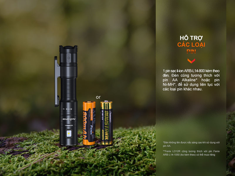 Đèn pin FENIX LD12R  hỗ trợ sử dụng 1 pin AA