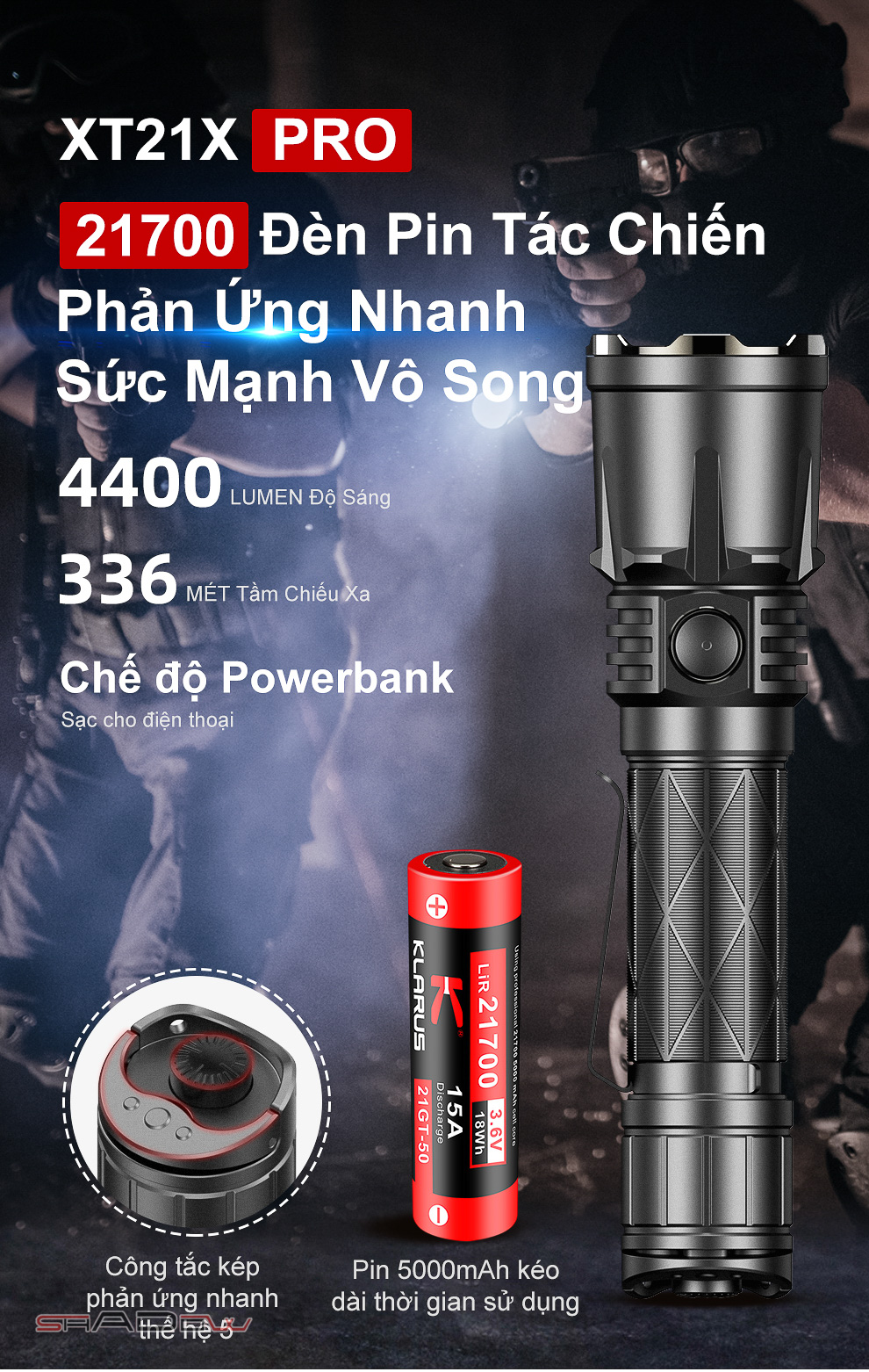 Đèn pin KLARUS XT21X PRO độ sáng 4400 lumen chiếu xa 336m sạc USB-C kiêm Power bank