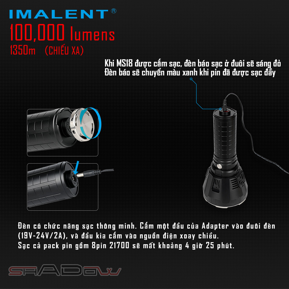 Đèn pin IMALENT MS18 sáng 100.000lm chiếu xa 1.350m 18 LED XHP70.2 sạc DC