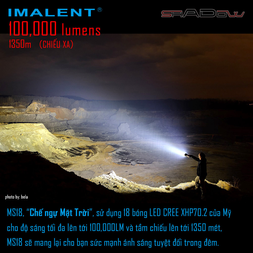 Đèn pin IMALENT MS18 sáng 100.000lm chiếu xa 1.350m 18 LED XHP70.2 sạc DC