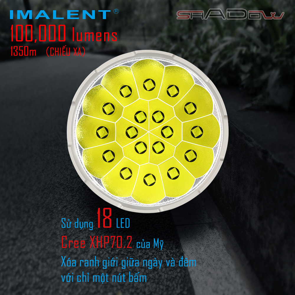 Đèn pin IMALENT MS18 sáng 100.000lm chiếu xa 1.350m 18 LED XHP70.2 sạc DC
