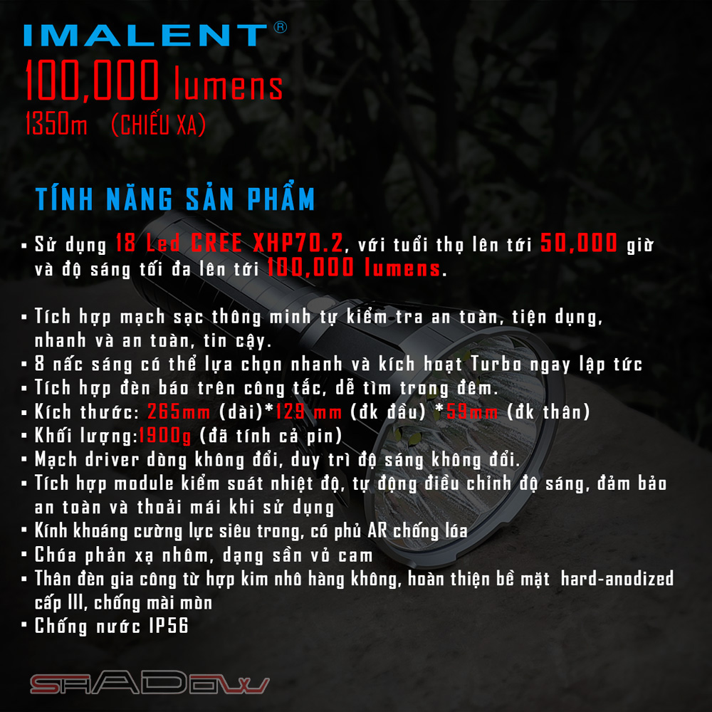 Đèn pin IMALENT MS18 sáng 100.000lm chiếu xa 1.350m 18 LED XHP70.2 sạc DC
