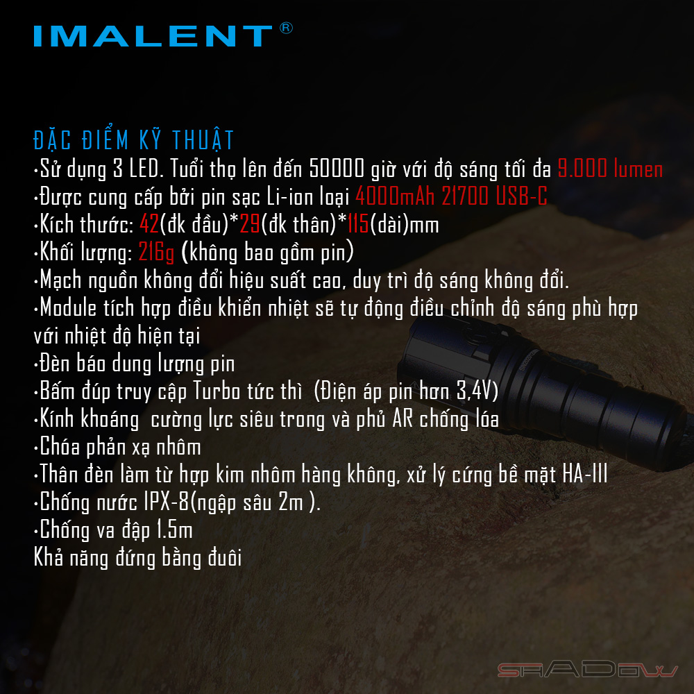 Đèn pin IMALENT R30C độ sáng 9000lm chiếu xa 560m pin sạc 21700 cổng sạc Type-C
