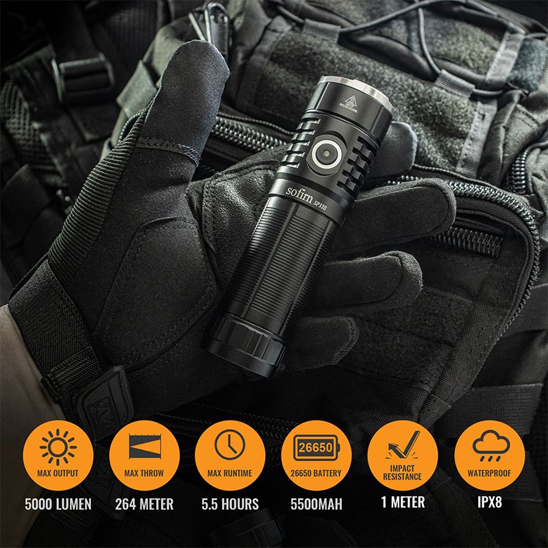 Đèn pin SOFIRN SP33S LED CREE XHP70.2 độ sáng 5000 lumen chiếu xa 264m pin sạc 26650 sạc Type-C