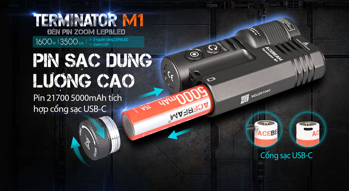 Đèn pin ACEBEAM M1 Terminator 3500 lumen chiếu xa 1600m sạc USB-C pin 21700 5000mah