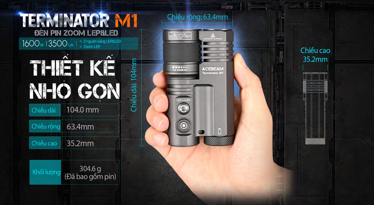 Đèn pin ACEBEAM M1 Terminator 3500 lumen chiếu xa 1600m sạc USB-C pin 21700 5000mah