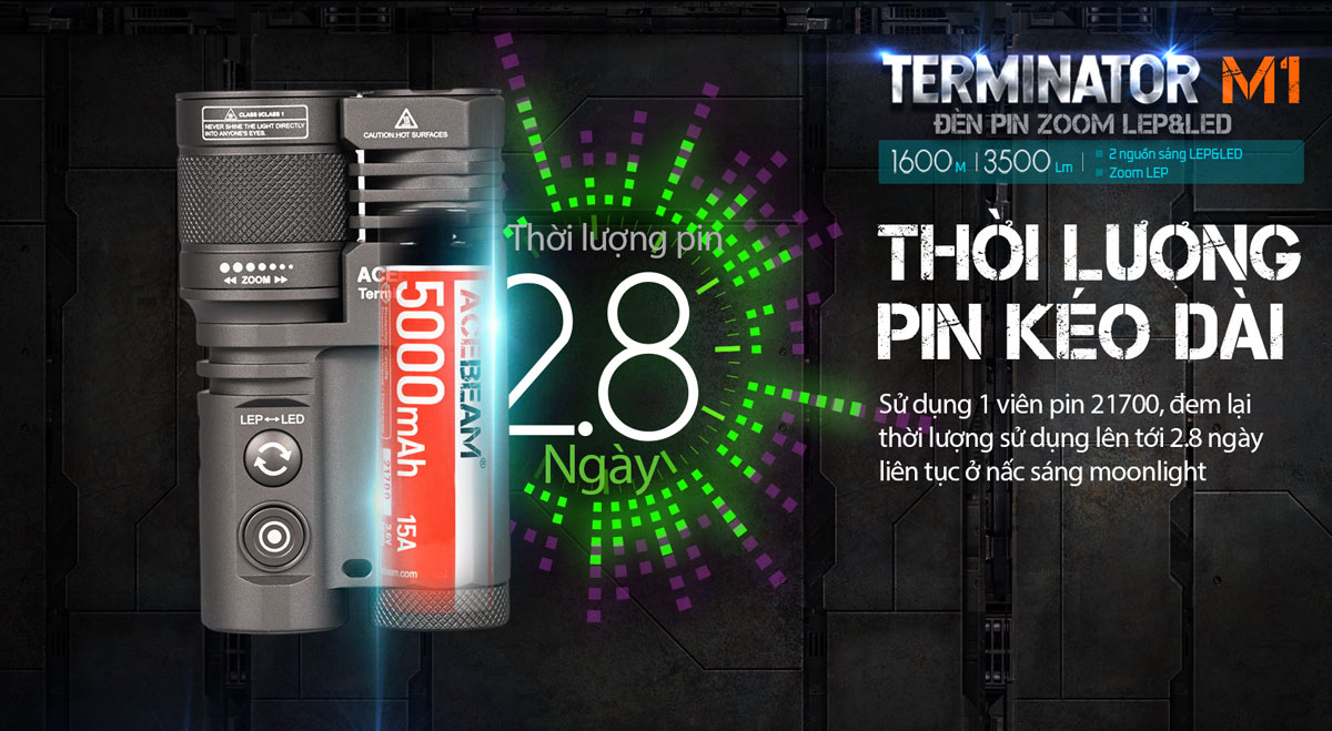 Đèn pin ACEBEAM M1 Terminator 3500 lumen chiếu xa 1600m sạc USB-C pin 21700 5000mah