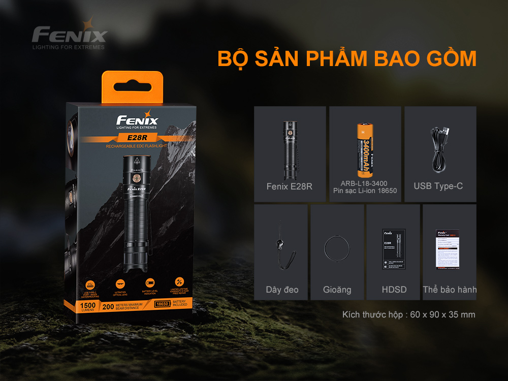 Đèn pin FENIX E28R độ sáng 1500 lumen chiếu xa 200m LED Luminus SST40 sạc USB C pin sạc 18650 3400mAh kèm theo