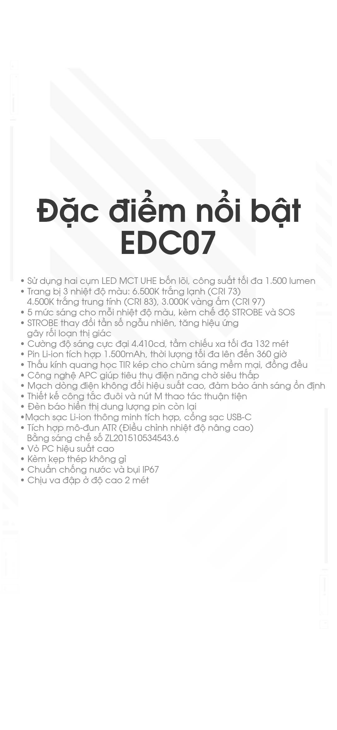LED MCT UHE 4 lõi kép Thấu kính TIR kép Công nghệ APC tiết kiệm điện ATR điều chỉnh nhiệt thông minh Đèn báo pin tích hợp Thiết kế mỏng – nhẹ 70g