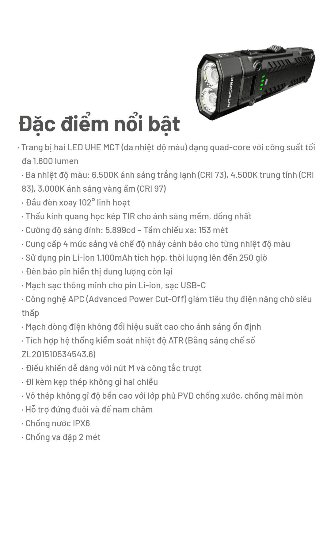 NITECORE EDC09 – Đèn pin EDC xoay đầu đa năng sáng 1600 lm 3 nhiệt màu sáng CRI