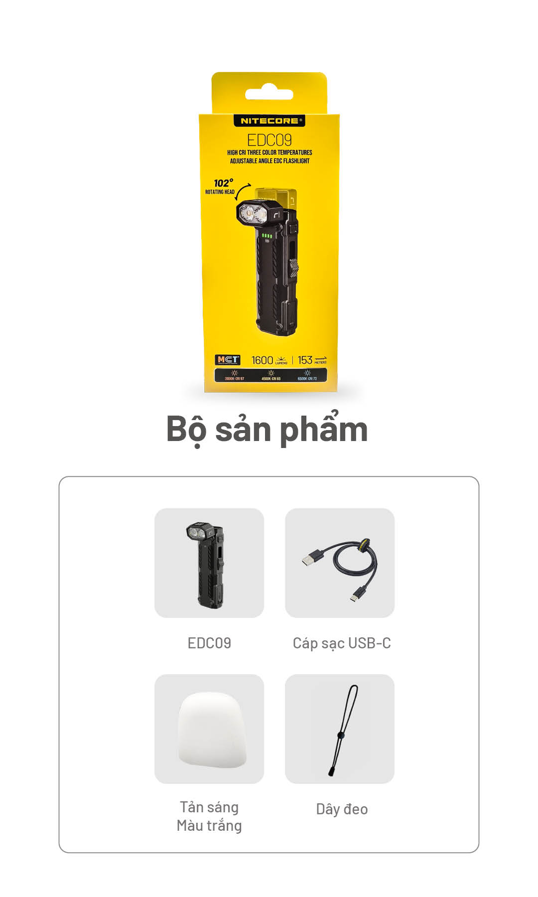 NITECORE EDC09 – Đèn pin EDC xoay đầu đa năng sáng 1600 lm 3 nhiệt màu sáng CRI