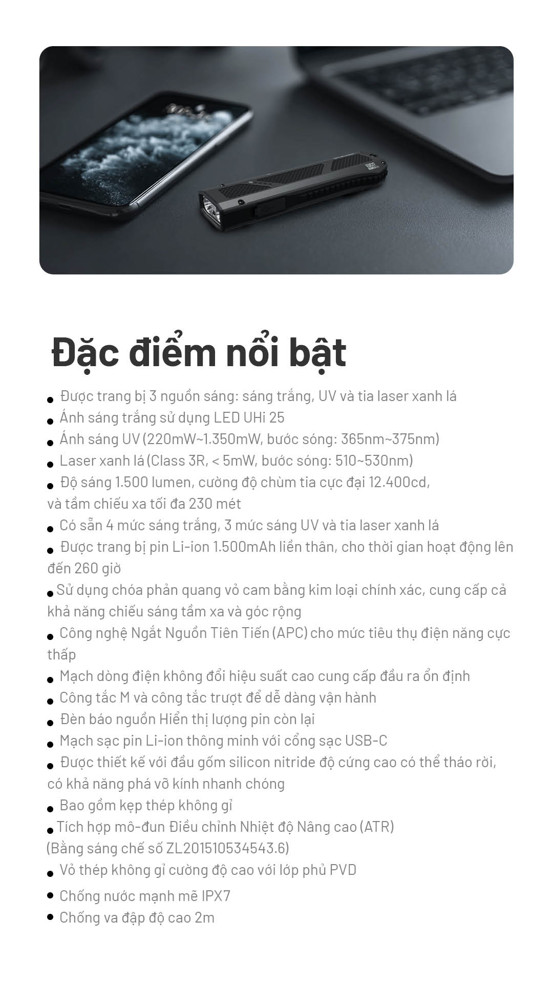 NITECORE EDC17 – Đèn pin EDC siêu mỏng độ sáng 1500lm, 3 nguồn sáng (Trắng, UV, Laser xanh)