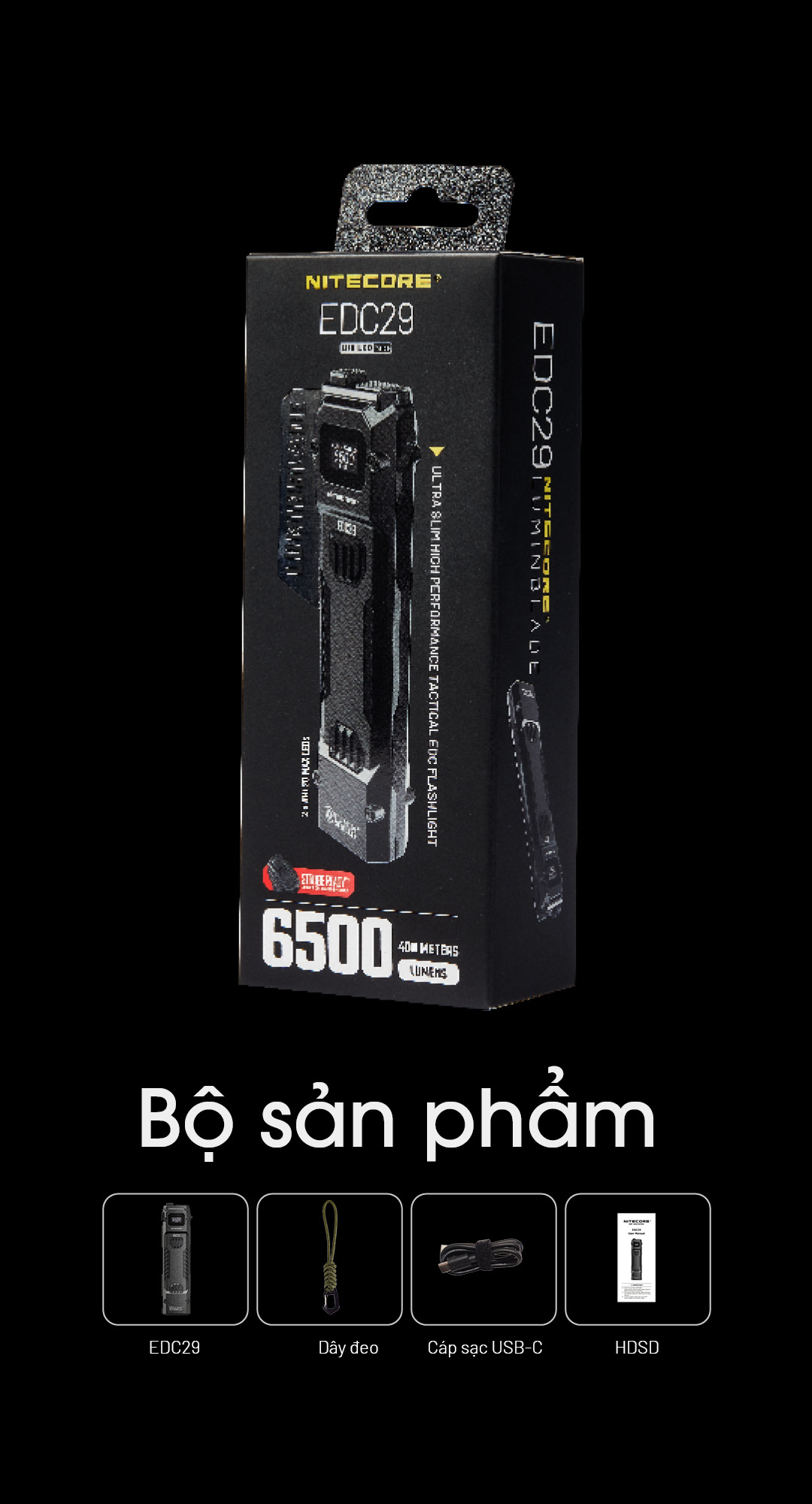 Đèn pin NITECORE EDC29 độ sáng 6500 lm chiếu xa 400m pin 2500mAh sạc USB-C màn hình OLED
