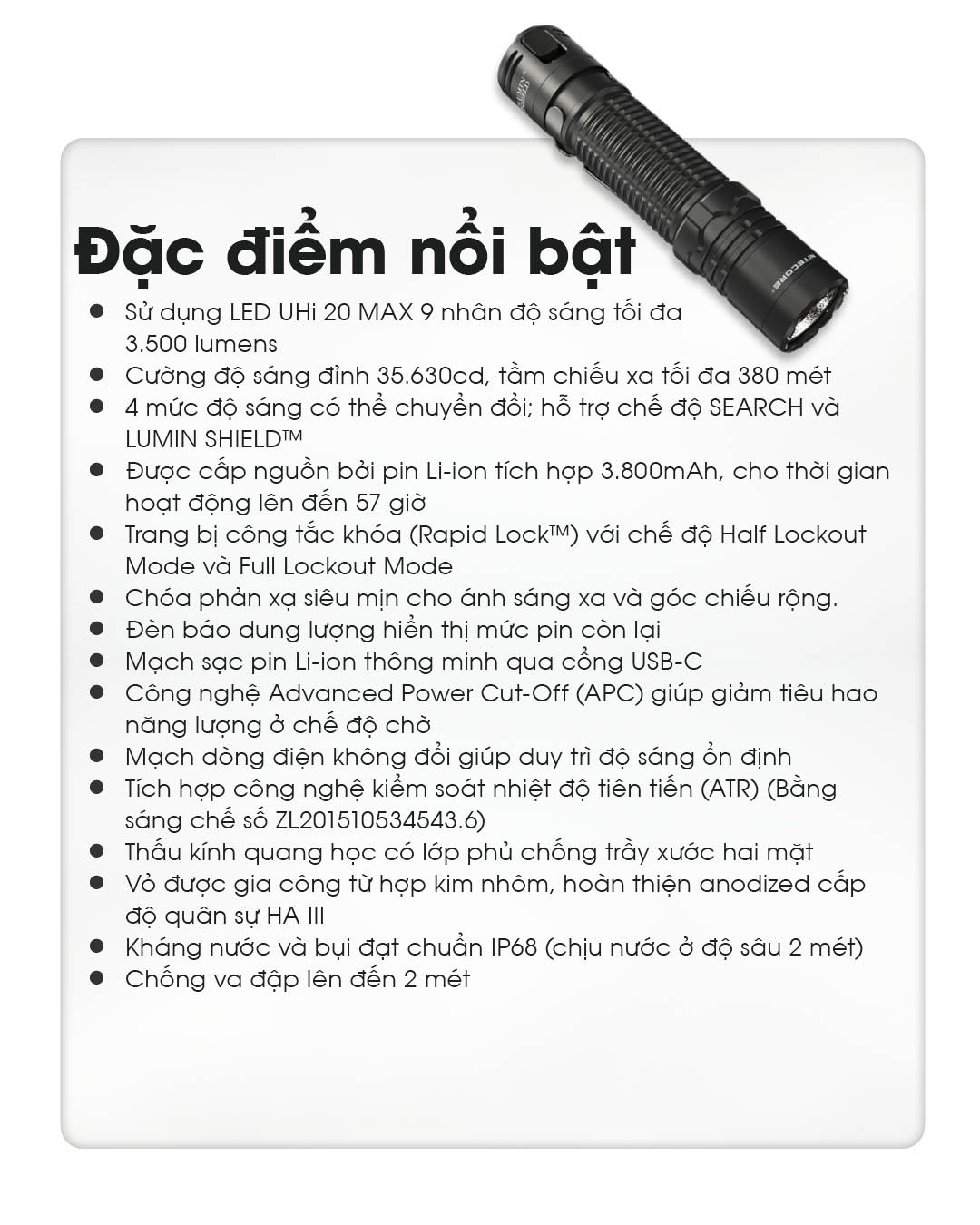 Đèn pin NITECORE EDC31 sáng 3500 Lumens chiếu xa 380m nhỏ gọn kiêm tác chiến