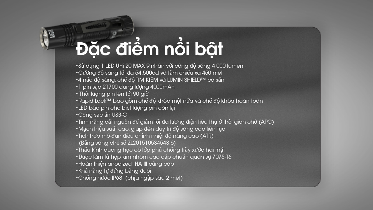 Đèn pin NITECORE EDC33 sáng 4000 lumen chiếu xa 450m pin dung lượng 18650 4000mAh sạc USB C