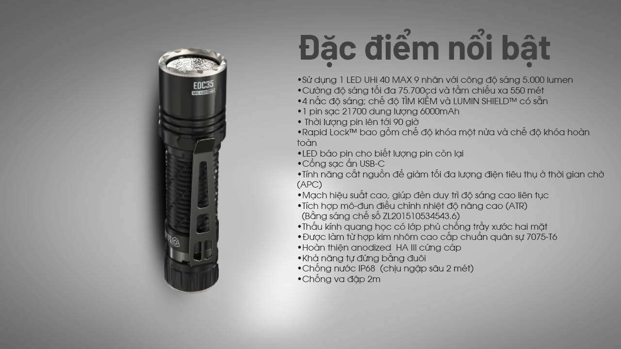 Đèn pin NITECORE EDC35 độ sáng 5000 lumen chiếu xa 550m pin 21700 cổng sạc USB-C