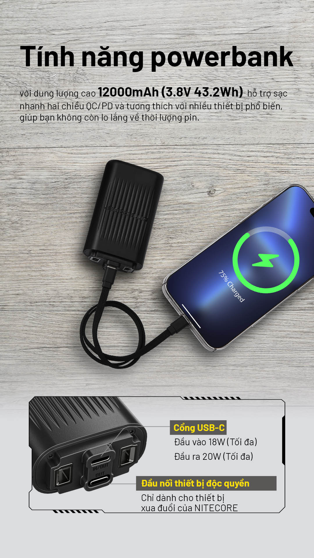 máy đuổi muỗi Nitecore EMR25 kiêm sạc dự phòng, pin 12000mAh 43.2Wh, cổng USB-C PD 20W, sạc điện thoại nhanh