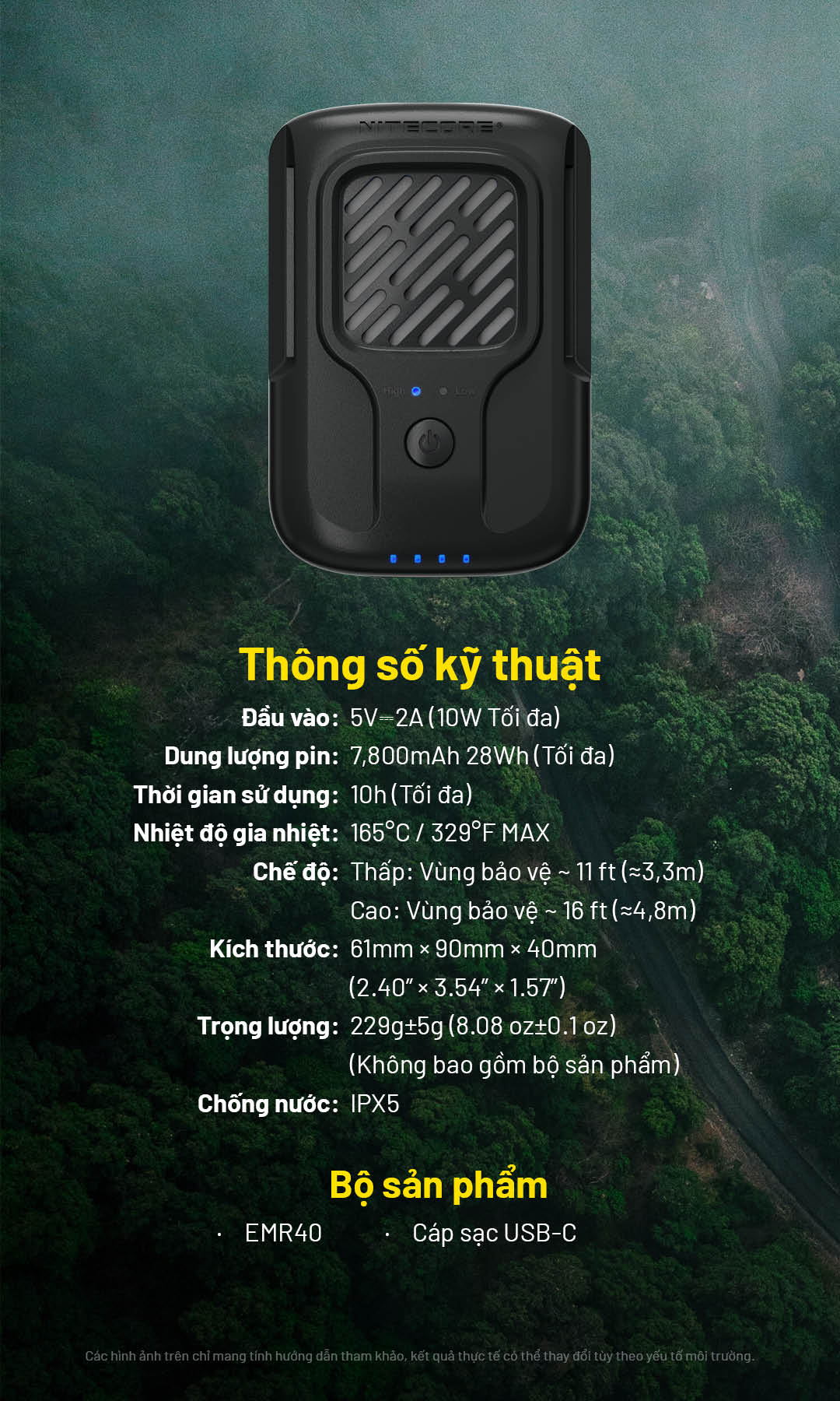 Thông số kỹ thuật gồm pin 7.800mAh, nhiệt độ gia nhiệt 165°C, chuẩn IPX5, kích thước 61 × 90 × 40mm và bộ phụ kiện đi kèm.