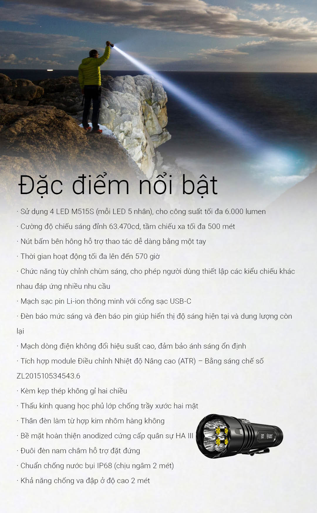 NITECORE EX7 – Đèn pin tuỳ chỉnh ánh sáng, sáng 6000lm chiếu xa 500m