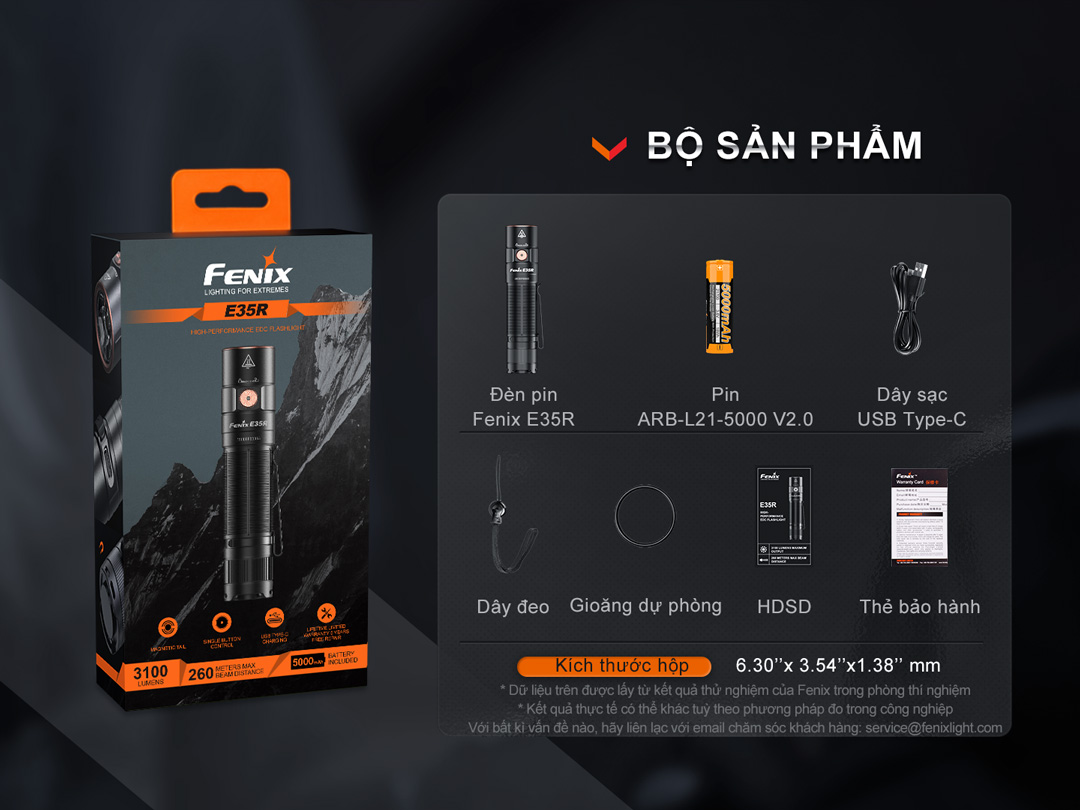 Đèn pin FENIX E35R độ sáng 3100lm chiếu xa 260m pin 21700 sạc USB C đuôi nam châm