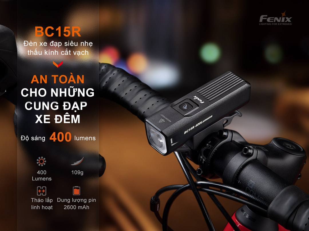 Đèn xe đạp FENIX BC15R gọn gàng sáng 400 lumen chiếu xa 78m USB-C pack pin liền thân kính có vạch cắt chống chói
