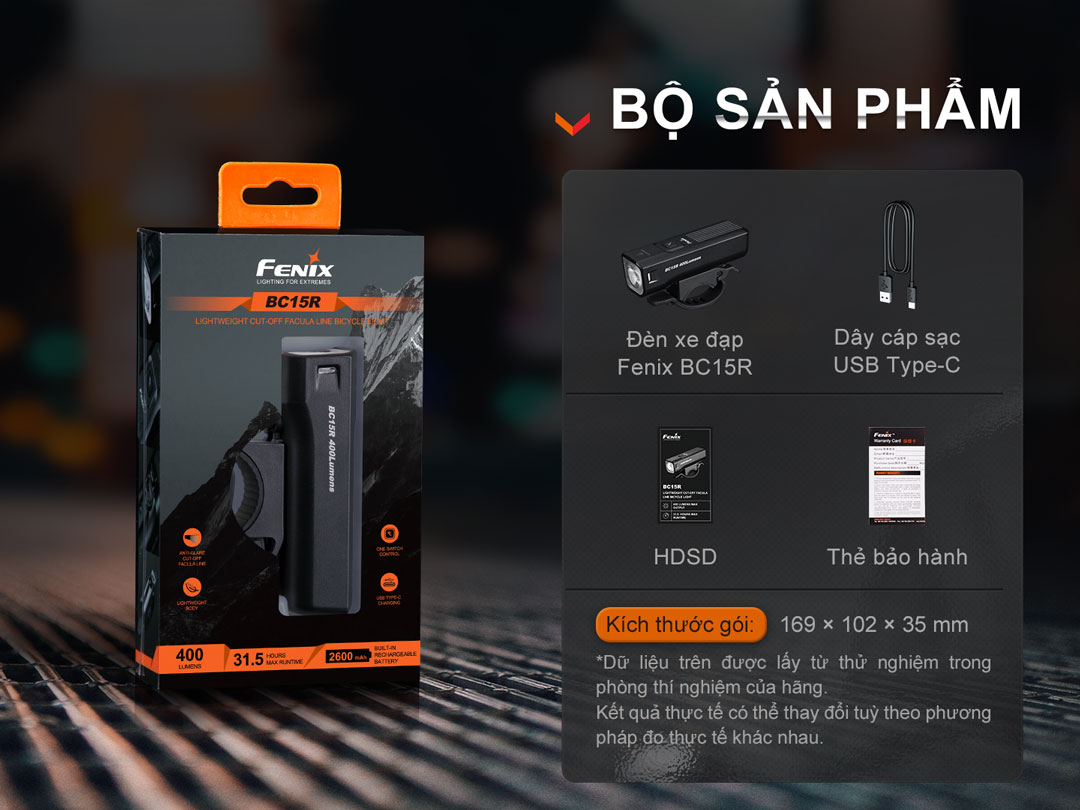 Đèn xe đạp FENIX BC15R gọn gàng sáng 400 lumen chiếu xa 78m USB-C pack pin liền thân kính có vạch cắt chống chói