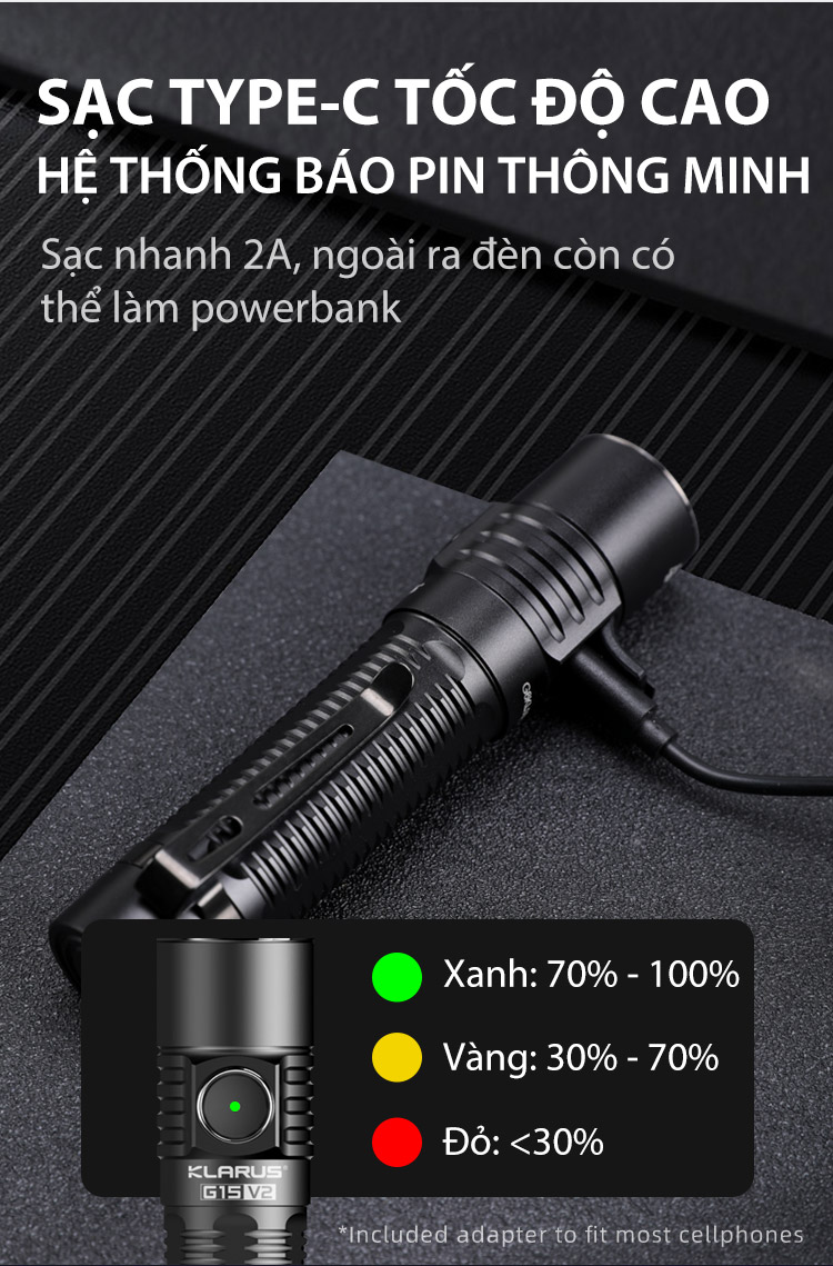 Đèn pin KLARUS G15 v2 độ sáng 4200 lumen chiếu xa 200m pin sạc 21700 5000mAh cổng sạc USB C kiêm power bank