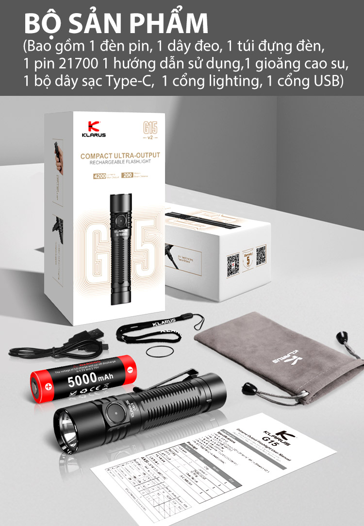 Đèn pin KLARUS G15 v2 độ sáng 4200 lumen chiếu xa 200m pin sạc 21700 5000mAh cổng sạc USB C kiêm power bank