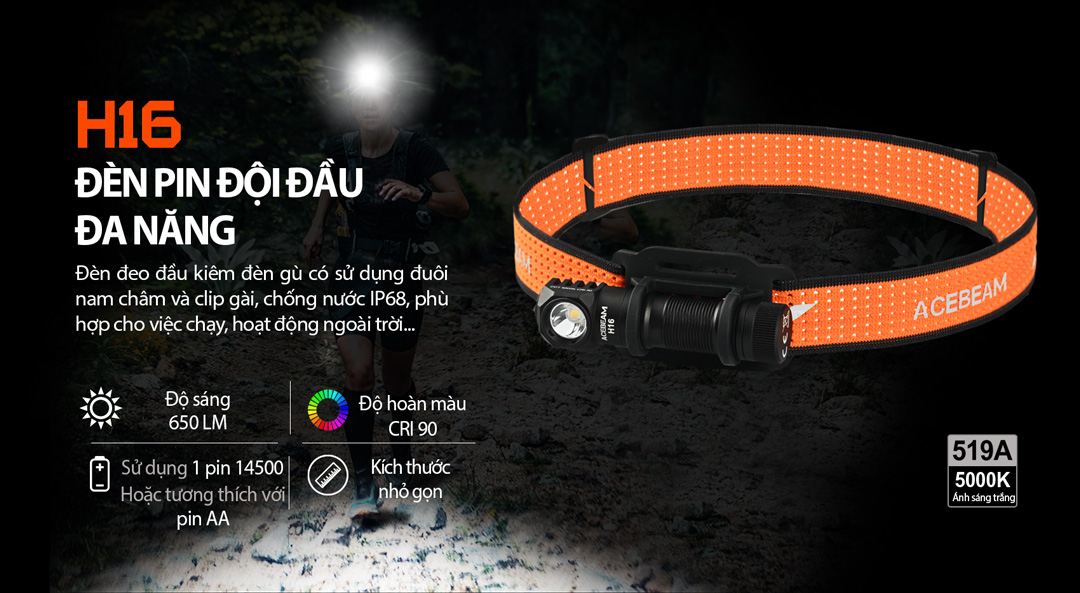 Đèn pin đội đầu ACEBEAM H16 độ sáng 1000lm / 650 lm pin 14500 920mAh