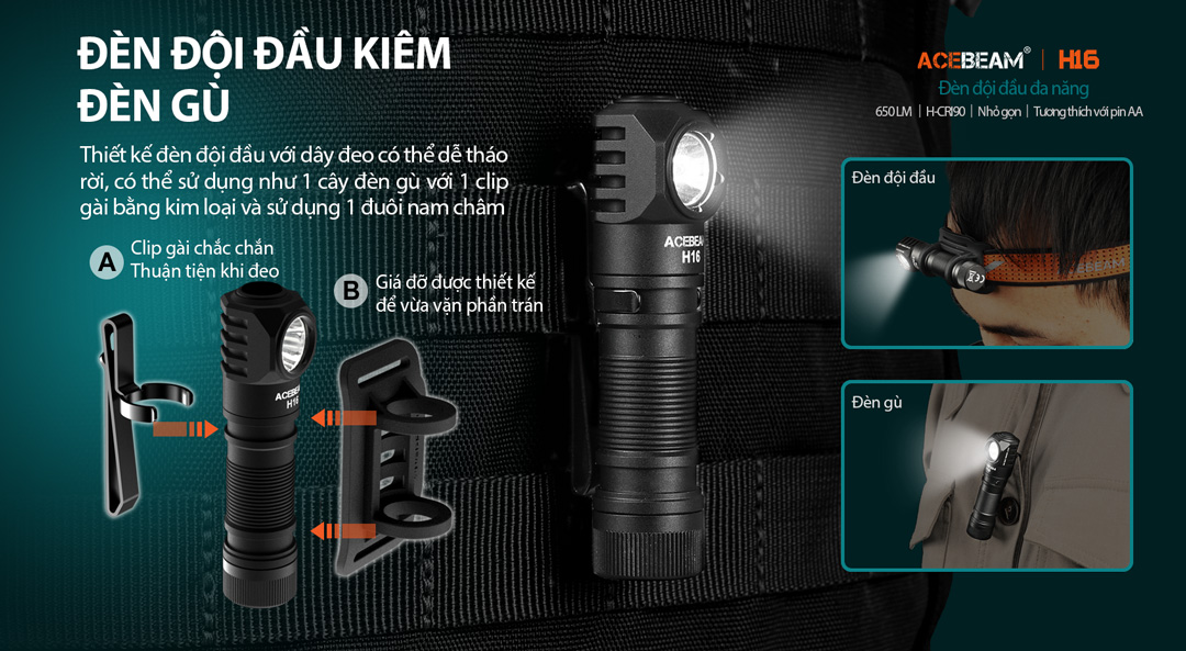 Đèn pin đội đầu ACEBEAM H16 độ sáng 1000lm / 650 lm pin 14500 920mAh