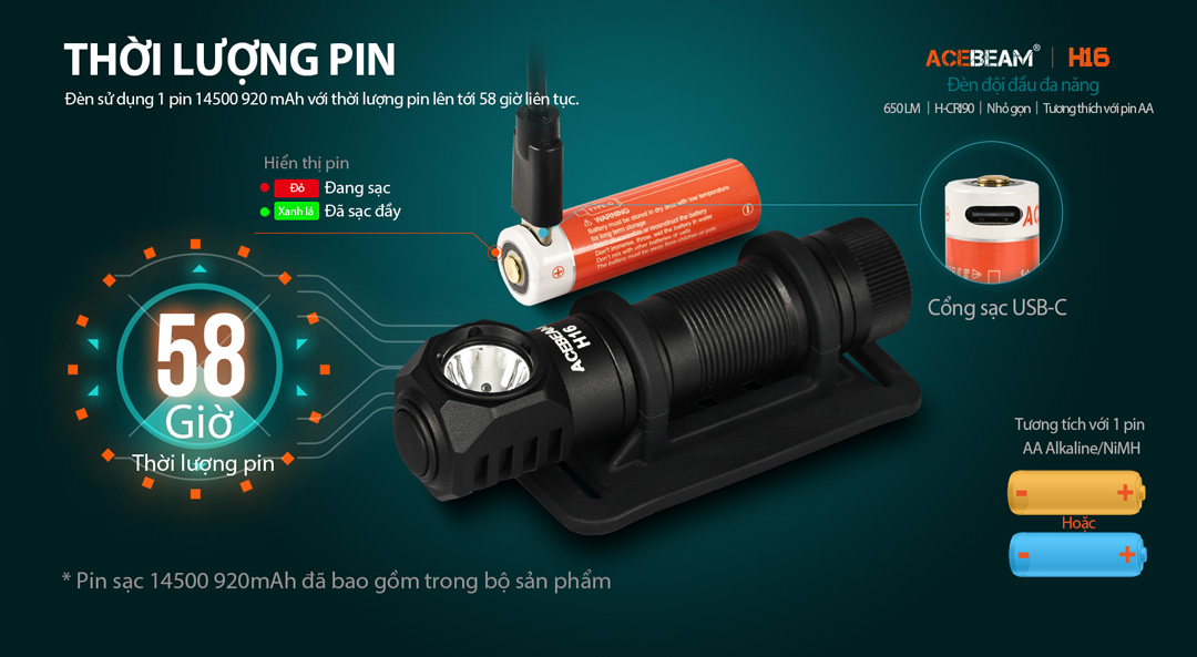 Đèn pin đội đầu ACEBEAM H16 độ sáng 1000lm / 650 lm pin 14500 920mAh