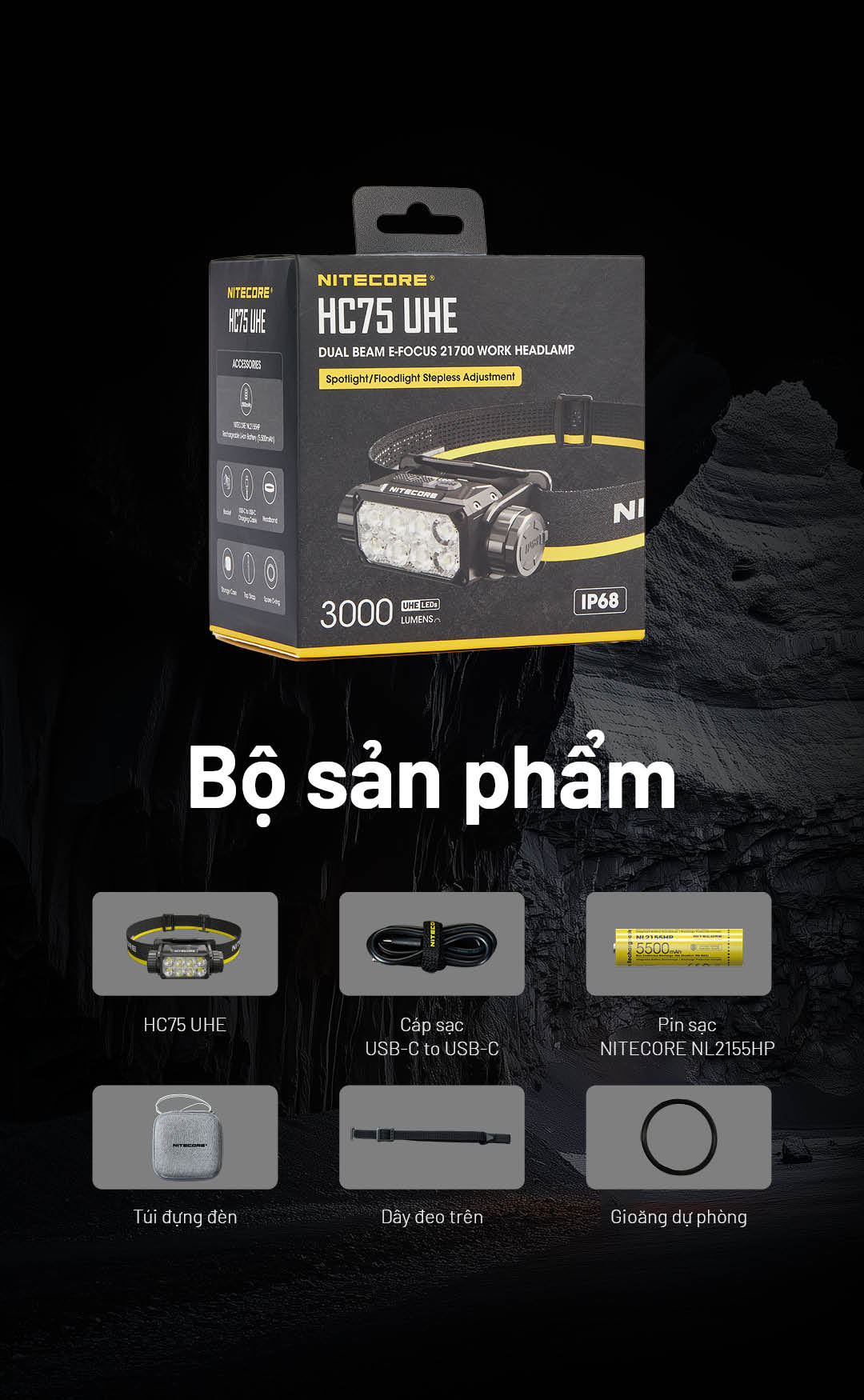 Đèn pin đội đầu NITECORE HC75 UHE – 3000lm chiếu xa 192m chỉnh ánh sáng Xa&Toả