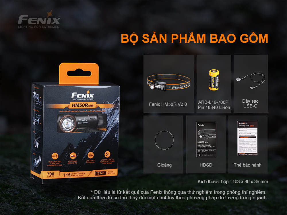 Bộ sản phẩm đèn pin đội đầu Fenix HM50R V2.0