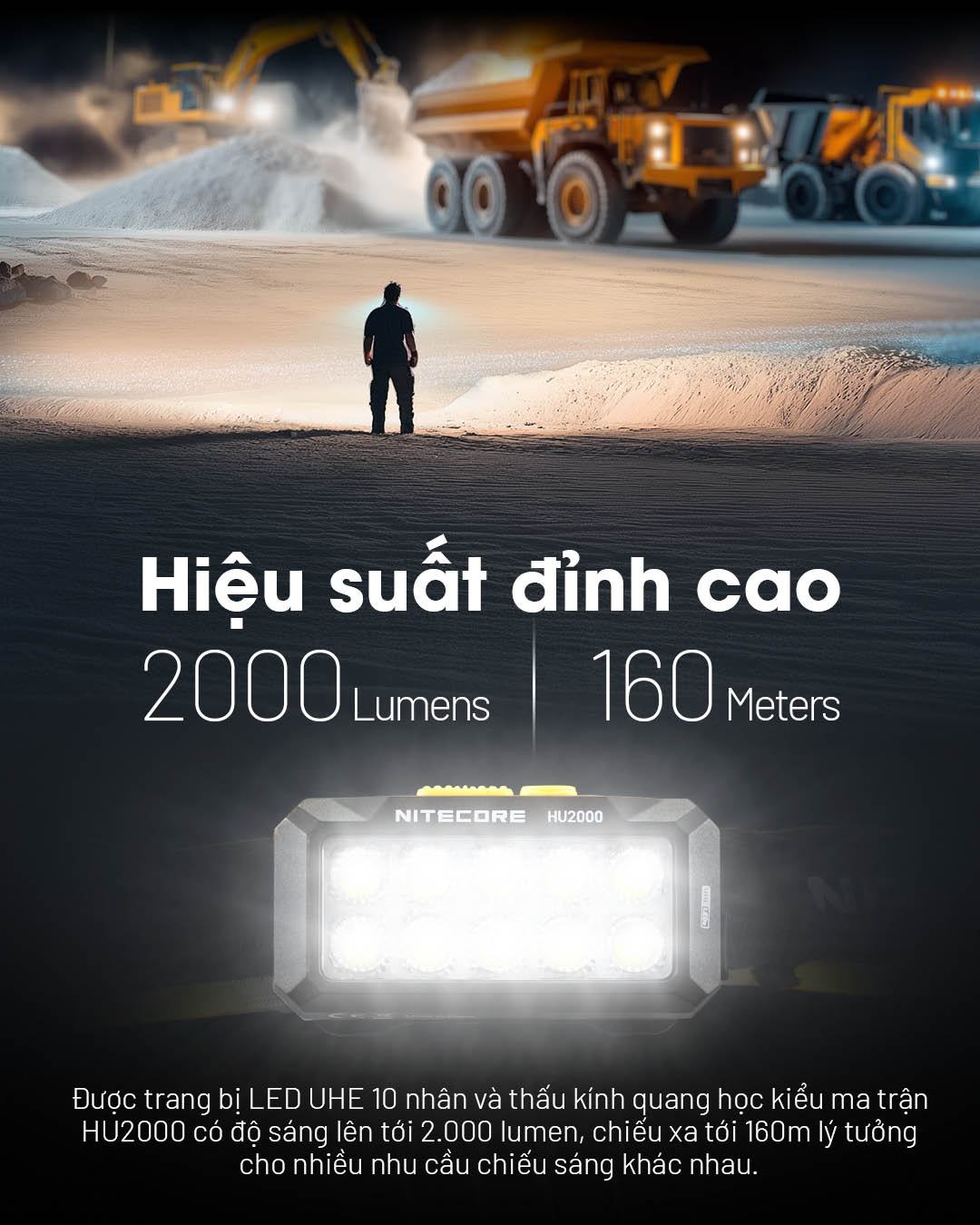 với LED hiệu suất cao cho thời gian sử dụng 2000 lumens và tầm chiếu xa 160m