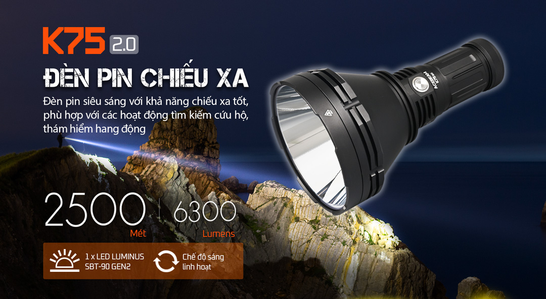 Đèn pin chiếu xa ACEBEAM K75 V2.0 chiếu xa 2500m độ sáng 6300 lumen sử dụng pack 4 pin 18650