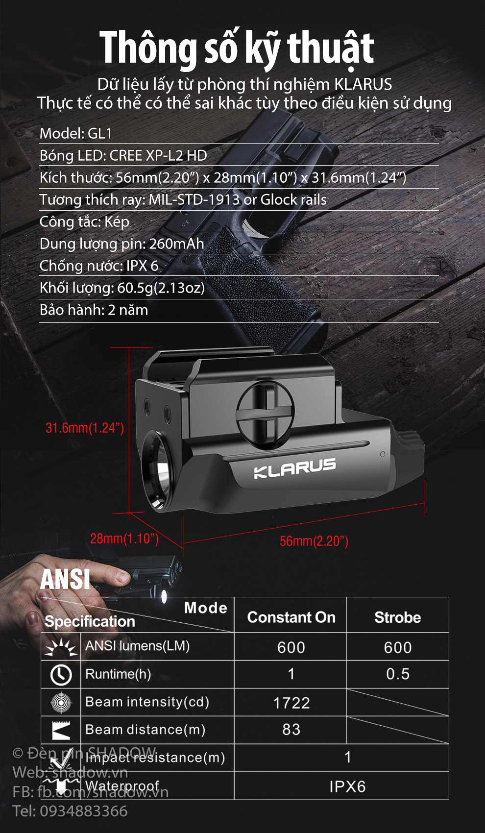 Phụ kiện chuyên dụng KLARUS GL1 sáng 600 lumen chiếu xa 83m