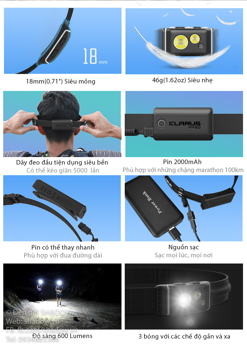 Đèn pin đội đầu KLARUS HR1 Plus độ sáng 600 lumen chiếu xa 90m pin Li-ion PP20 2000mAh